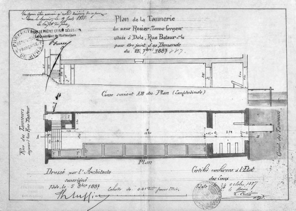 Plan de la Tannerie du sieur Rosier [...] pour être joint à sa Demande du 22 septembre 1887. © Région Bourgogne-Franche-Comté, Inventaire du patrimoine