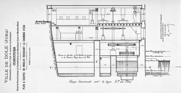 Ville de Dole (Jura). Alimentation d'eau [...] Plan et coupes du moulin indiquant la chambre d'eau [coupe transversale]. © Région Bourgogne-Franche-Comté, Inventaire du patrimoine