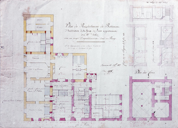 Plan du rez-de-chaussée du bâtiment d'habitation de la forge de Siam appartenant à Mr Jobez avec un projet d'agrandissement tracé en rouge. © Région Bourgogne-Franche-Comté, Inventaire du patrimoine