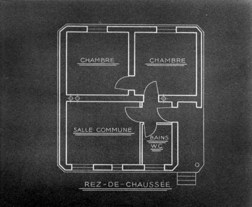 Exemple de construction dans les années 1930 : plan d'une maison T4 à usage de conciergerie. © Région Bourgogne-Franche-Comté, Inventaire du patrimoine