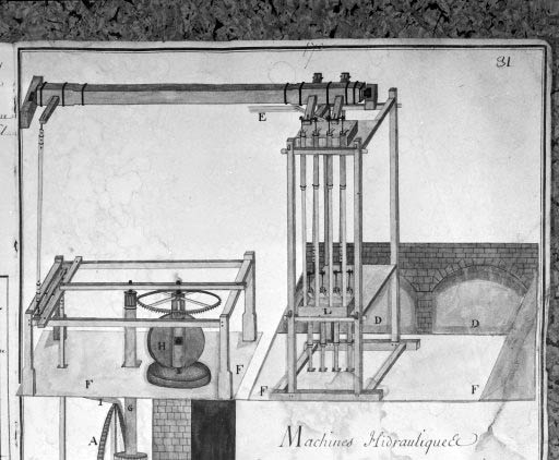 Machines Hidrauliques Qui Elèvent les Eaux de la cuve du Tripot [détail de la meule verticale et des pompes]. © Région Bourgogne-Franche-Comté, Inventaire du patrimoine