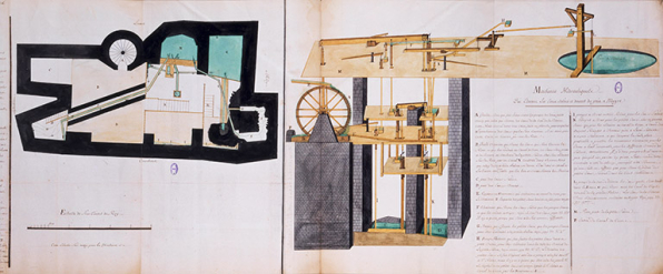 Plan des Sources du puit a Muïre, a la petite Saline [et] Machines Hidrauliques Qui Elèvent Les Eaux salées et douces du puit à Muÿre. © Région Bourgogne-Franche-Comté, Inventaire du patrimoine