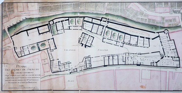 Plans des salines de Salins et de leurs environs [... : partie gauche (Grande Saline)]. © Région Bourgogne-Franche-Comté, Inventaire du patrimoine