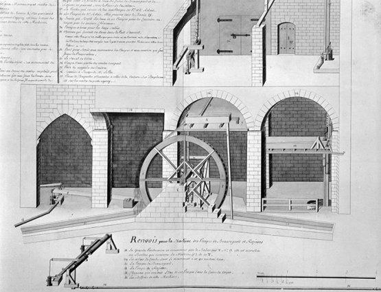 "Machine hidraulique pour l'élévation des eaux salées et douces du puits à Grey et de celles de Beauregard et de Rozières" [détail]. © Région Bourgogne-Franche-Comté, Inventaire du patrimoine