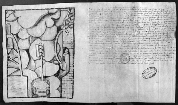 [Dessin du puits à Muyre : vue d'ensemble avec le texte]. © Région Bourgogne-Franche-Comté, Inventaire du patrimoine