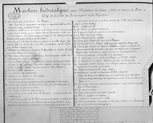 "Machine hidraulique pour l'élévation des eaux salées et douces du puits à Grey et de celles de Beauregard et de Rozières" [légende]. © Région Bourgogne-Franche-Comté, Inventaire du patrimoine