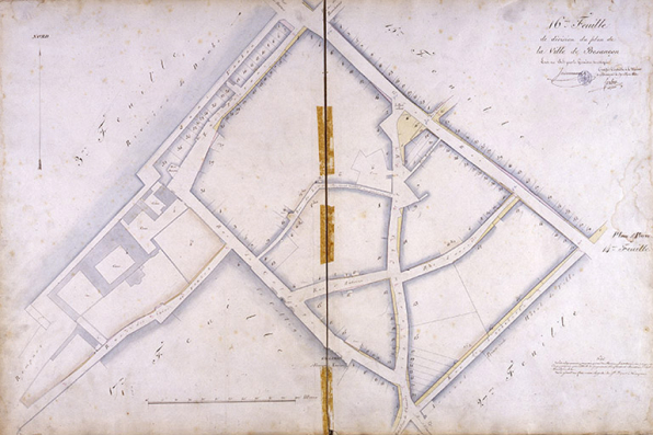 Plan d'alignement, feuille n° 16 : Grande Rue, rues Claude Pouillet, du Lycée, Jean-Jacques Rousseau et couvent des cordeliers. © Région Bourgogne-Franche-Comté, Inventaire du patrimoine