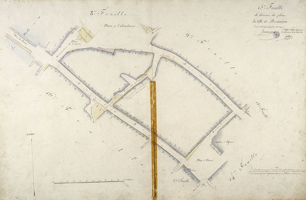 Plan d'alignement, feuille n° 16 : Grande Rue, rues Claude Pouillet, du Lycée, Jean-Jacques Rousseau et couvent des cordeliers. © Région Bourgogne-Franche-Comté, Inventaire du patrimoine