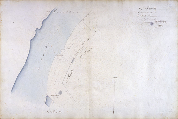 Plan d'alignement, feuille n° 19 : le Doubs, l'extrémité du quai Vauban et porte du Moulin de l'Archevêque. © Région Bourgogne-Franche-Comté, Inventaire du patrimoine