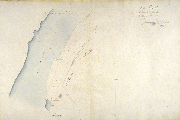 Plan d'alignement, feuille n° 19 : le Doubs, l'extrémité du quai Vauban et porte du Moulin de l'Archevêque. © Région Bourgogne-Franche-Comté, Inventaire du patrimoine