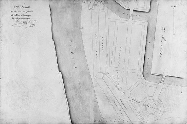 Plan d'alignement, feuille n° 20 : le Doubs, la promenade Chamars et le Moulin de l'Archevêque. © Région Bourgogne-Franche-Comté, Inventaire du patrimoine