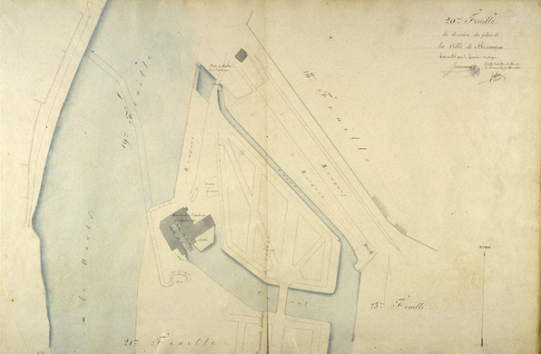 Plan d'alignement, feuille n° 20 : le Doubs, la promenade Chamars et le Moulin de l'Archevêque. © Région Bourgogne-Franche-Comté, Inventaire du patrimoine