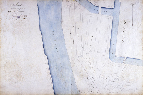 Plan d'alignement, feuille n° 21 : le Doubs et une partie de la promenade Chamars. © Région Bourgogne-Franche-Comté, Inventaire du patrimoine