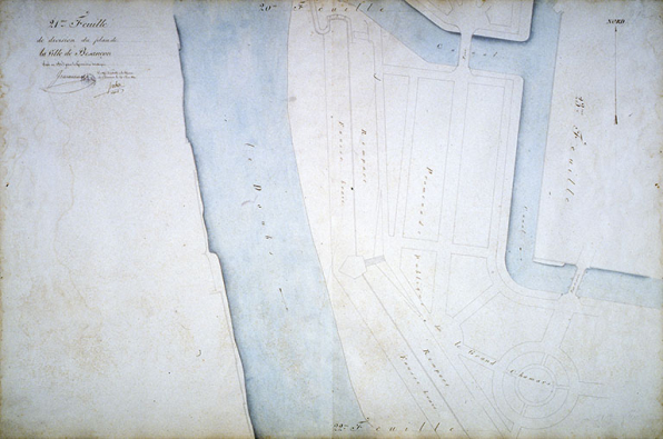 Plan d'alignement, feuille n° 21 : le Doubs et une partie de la promenade Chamars. © Région Bourgogne-Franche-Comté, Inventaire du patrimoine