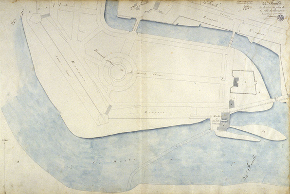Plan d'alignement, feuille n° 22 : le Doubs, une partie de la promenade Chamars et le moulin de la ville. © Région Bourgogne-Franche-Comté, Inventaire du patrimoine