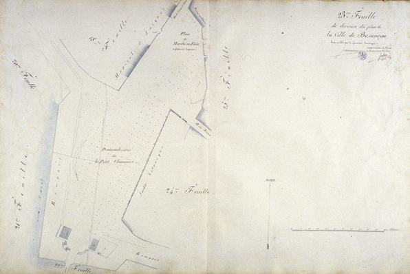 Plan d'alignement, feuille n° 23 : promenade dit du Petit Chamars et place Saint-Jacques. © Région Bourgogne-Franche-Comté, Inventaire du patrimoine