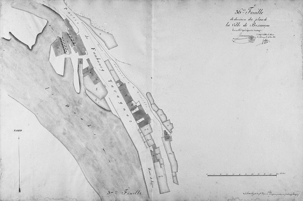Plan d'alignement, feuille n° 36 : le Doubs et le faubourg Tarragnoz. © Région Bourgogne-Franche-Comté, Inventaire du patrimoine
