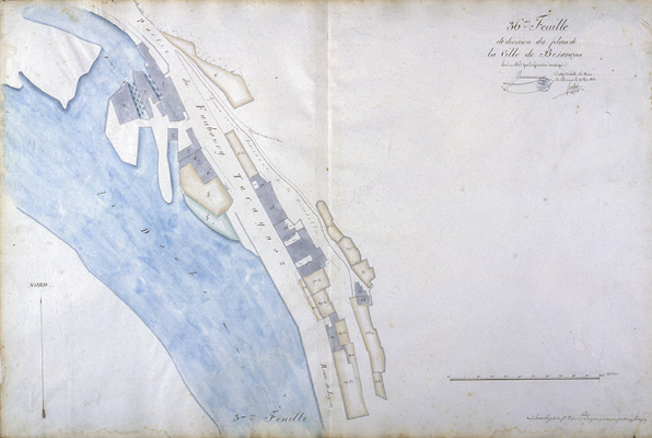 Plan d'alignement, feuille n° 36 : le Doubs et le faubourg Tarragnoz. © Région Bourgogne-Franche-Comté, Inventaire du patrimoine
