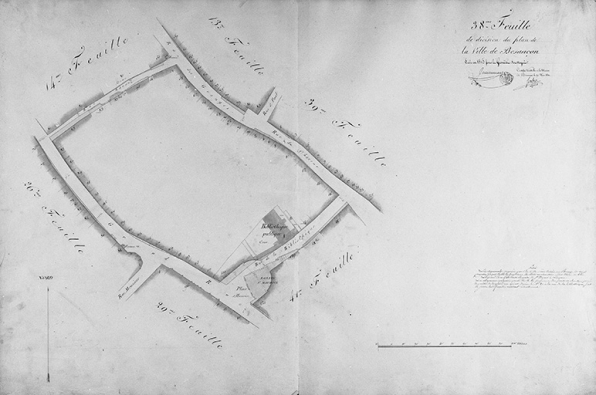 Plan d'alignement, feuille n° 38 : Grande Rue, rues des Granges, de la Bibliothèque, bibliothèque municipale et église Saint-Maurice. © Région Bourgogne-Franche-Comté, Inventaire du patrimoine
