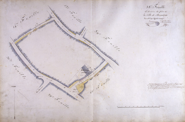 Plan d'alignement, feuille n° 38 : Grande Rue, rues des Granges, de la Bibliothèque, bibliothèque municipale et église Saint-Maurice. © Région Bourgogne-Franche-Comté, Inventaire du patrimoine