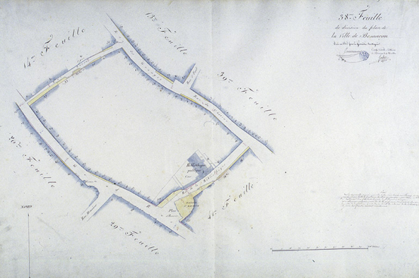 Plan d'alignement, feuille n° 38 : Grande Rue, rues des Granges, de la Bibliothèque, bibliothèque municipale et église Saint-Maurice. © Région Bourgogne-Franche-Comté, Inventaire du patrimoine