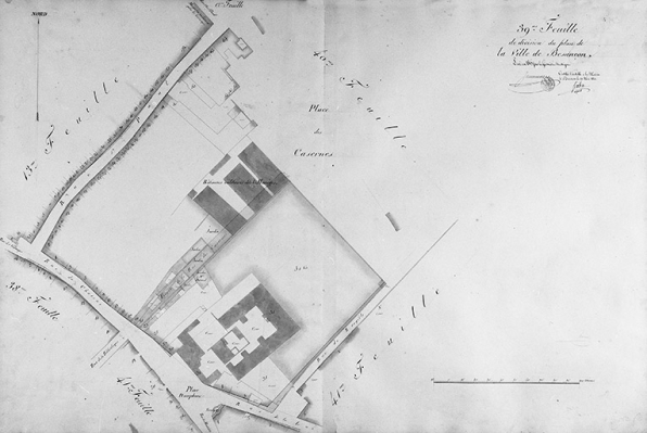 Plan d'alignement, feuille n° 39 : rues Bersot et Sarrail, place Jean Cornet, couvent des bénédictins et casernes. © Région Bourgogne-Franche-Comté, Inventaire du patrimoine