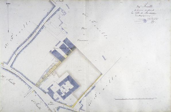 Plan d'alignement, feuille n° 39 : rues Bersot et Sarrail, place Jean Cornet, couvent des bénédictins et casernes. © Région Bourgogne-Franche-Comté, Inventaire du patrimoine