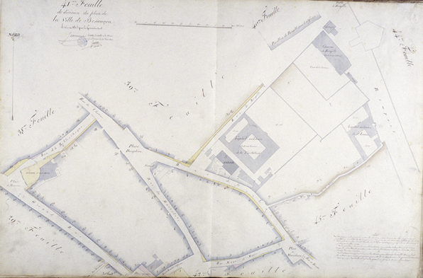 Plan d'alignement, feuille n° 41 : place Jean Cornet, rues des Martelots, de Pontarlier, Péclet et couvent de la visitation. © Région Bourgogne-Franche-Comté, Inventaire du patrimoine
