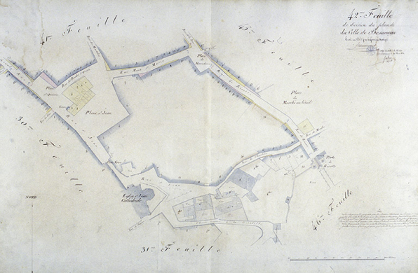 Plan d'alignement, feuille n° 42 : square Castan, rues Rivotte et du Chapitre. © Région Bourgogne-Franche-Comté, Inventaire du patrimoine