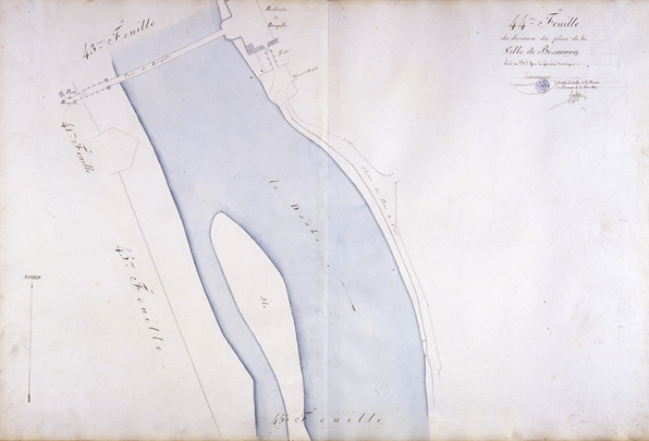 Plan d'alignement, feuille n° 44 : le Doubs, le redoute et le pont de Bregille. © Région Bourgogne-Franche-Comté, Inventaire du patrimoine