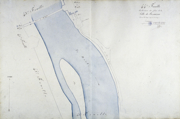 Plan d'alignement, feuille n° 44 : le Doubs, la redoute et le pont de Bregille. © Région Bourgogne-Franche-Comté, Inventaire du patrimoine