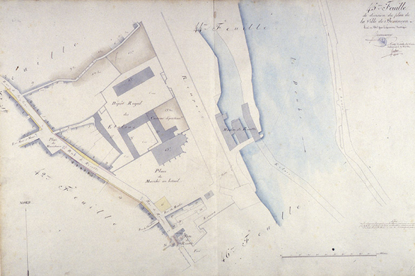 Plan d'alignement, feuille n° 45 : rue Rivotte, couvent des jacobins, moulin de Rivotte. © Région Bourgogne-Franche-Comté, Inventaire du patrimoine