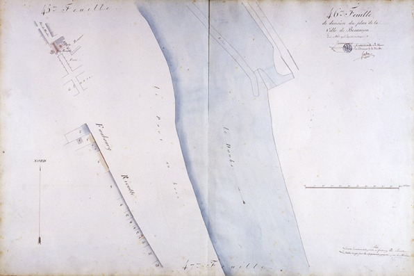 Plan d'alignement, feuille n° 46 : le Doubs et la porte Rivotte. © Région Bourgogne-Franche-Comté, Inventaire du patrimoine