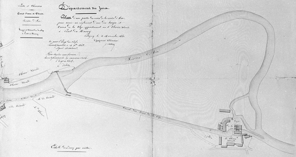 Plan d'une partie du cours de la rivière d'Ain pour servir au règlement d'eau des Forges et Usines de la Clye, appartenant au sieur Olivier Ferdinand à Pont du Navoy. © Région Bourgogne-Franche-Comté, Inventaire du patrimoine