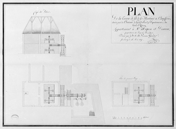 Plan de la tirerie de fil-de-fer, martinet et chaufferie, situés près du Château de Grandvillard [coupe transversale, plan au sol et plan du 1er étage]. © Région Bourgogne-Franche-Comté, Inventaire du patrimoine