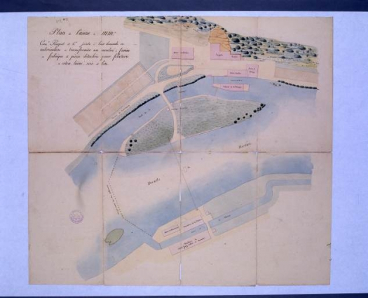 Plan de l'usine de MMrs Constant Peugeot et Cie jointe à leur demande en autorisation de transformer un moulin à farine en fabrique de pièces détachées pour filatures de coton, laine, soie et lin. © Région Bourgogne-Franche-Comté, Inventaire du patrimoine