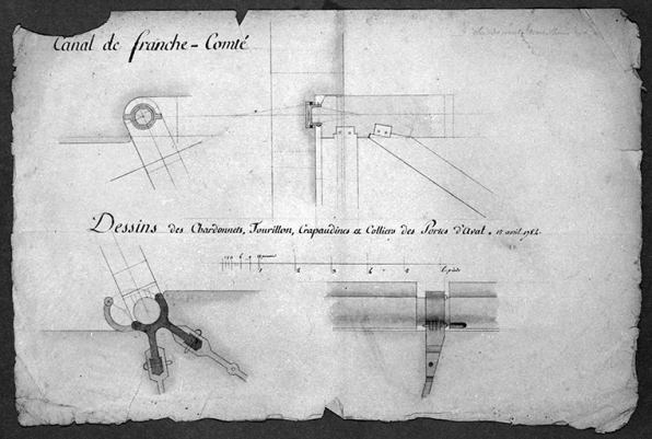 Canal de Franche-Comté. Dessins des Chardonnets, Tourillons, Crapaudines et Colliers des Portes d'aval [plans, coupes et élévation], 15 avril 1784. © Région Bourgogne-Franche-Comté, Inventaire du patrimoine