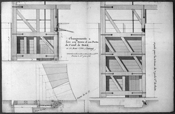 Changements à faire aux buscs et aux portes du canal de Dole [coupes et élévations], 15 mars 1786. © Région Bourgogne-Franche-Comté, Inventaire du patrimoine