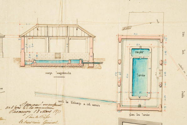 [Détail du plan général]. Coupe longitudinale. Plan du lavoir. © Région Bourgogne-Franche-Comté, Inventaire du patrimoine