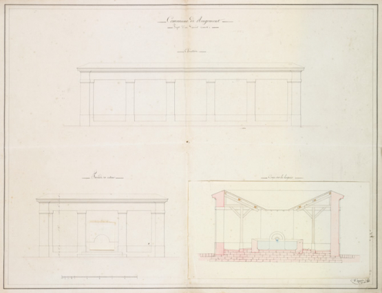 Commune de Rougemont. Projet d'un lavoir couvert. Façade en retour. Coupe sur la largeur. 1831. © Région Bourgogne-Franche-Comté, Inventaire du patrimoine