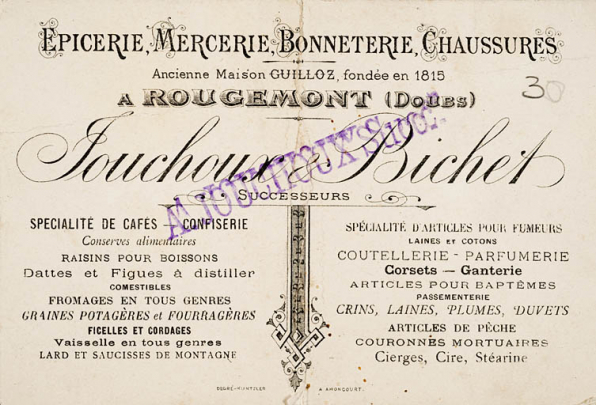 Papier à en-tête de l'ancienne épicerie Jouchoux et Bichet, 1ère moitié 20e siècle. © Région Bourgogne-Franche-Comté, Inventaire du patrimoine