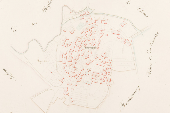 [Plan cadastral napoléonien de la commune de Rougemont. Section E du Village. Détail de l'agglomération]. 1831. © Région Bourgogne-Franche-Comté, Inventaire du patrimoine