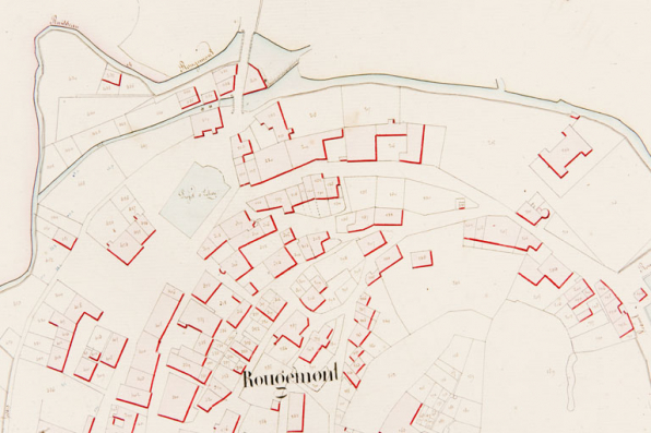 [Plan cadastral napoléonien de la commune de Rougemont. Section E du Village. Détail : partie nord]. 1831. © Région Bourgogne-Franche-Comté, Inventaire du patrimoine