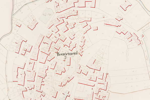 [Plan cadastral napoléonien de la commune de Rougemont. Section E du Village. Détail : partie centrale]. 1831. © Région Bourgogne-Franche-Comté, Inventaire du patrimoine