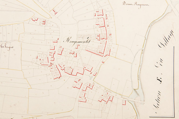 [Plan cadastral napoléonien de la commune de Rougemont. Section B de la Chaux, 1ère feuille. Détail : Rougemontot]. 1831. © Région Bourgogne-Franche-Comté, Inventaire du patrimoine