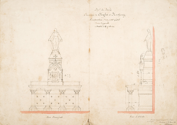 Communes de Chazelot et Montferney. Construction d'un petit autel. Dessin d'ensemble. 23 mars 1872. © Région Bourgogne-Franche-Comté, Inventaire du patrimoine