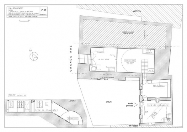 Plan et coupe A du rez-de-chaussée et du sous-sol. © Région Bourgogne-Franche-Comté, Inventaire du patrimoine