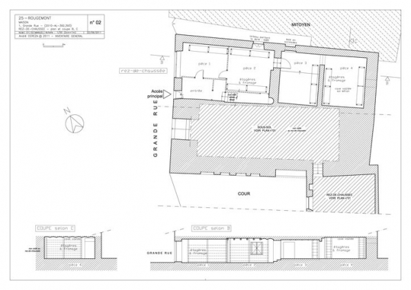 Plan et coupe B et C du rez-de-chaussée. © Région Bourgogne-Franche-Comté, Inventaire du patrimoine