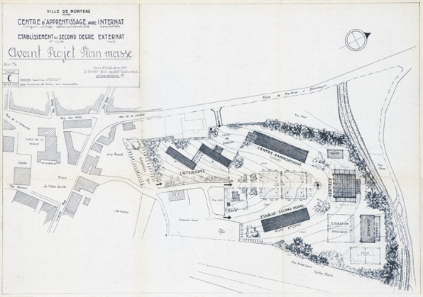 Ville de Morteau. Doubs. Centre d'apprentissage Horlogerie - Outillage - Section commerciale mixte avec internat garçons et filles. Etablissement du second degré 1er cycle externat mixte. Avant-projet plan masse Projet C, 1957. © Région Bourgogne-Franche-Comté, Inventaire du patrimoine