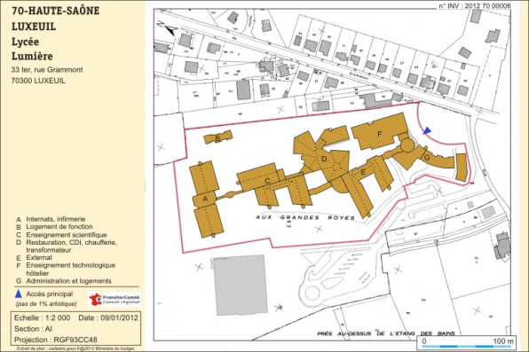 Plan-masse et de situation. Extrait du plan cadastral numérisé, section AI, échelle 1:2000. © Région Bourgogne-Franche-Comté, Inventaire du patrimoine